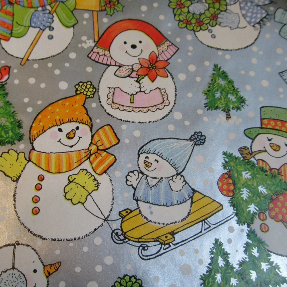 Vintage Hallmark Gift Wrap Paper Partial Roll ~ Snowmen w Trees, Sleds